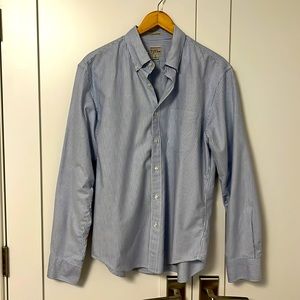 J. Crew Large Slim Untucked shirt in blue & white railroad stripes.